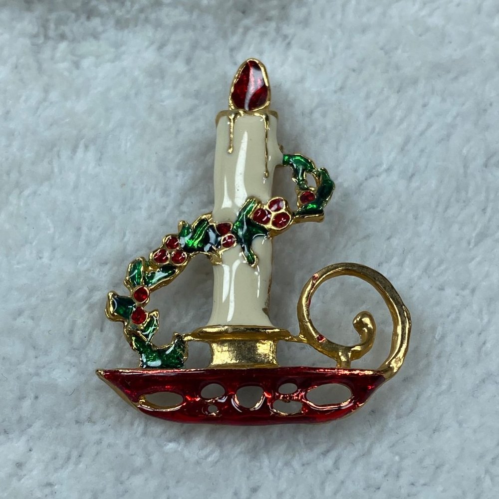 Candle Holder Holly Garland Christmas Pin Brooch Holiday Wear - Picture 2 of 10